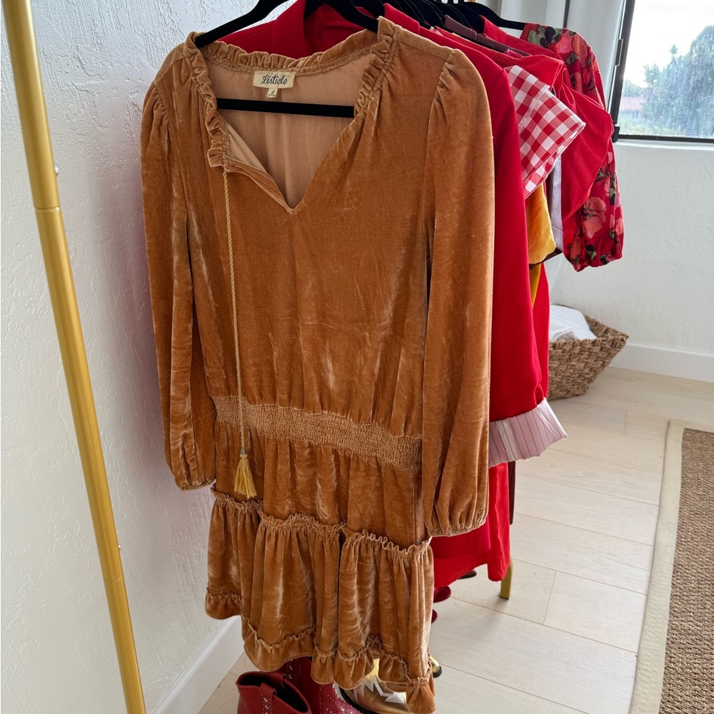 Listicle Gold Velvet Dress with Tassels